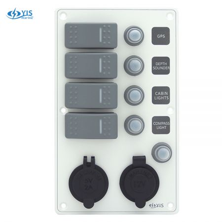 Aluminum Switch Panel with Cig. Light & USB Charger Sockets - SP3244P-Water-resistant Switch Panel with USB Charger and Cig. Lighter Socket (White)