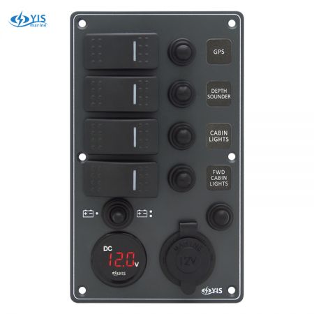 Aluminum Switch Panel with Battery Gauge & Cig. Lighter Socket - SP3254P-Water-resistant Switch Panel with Battery Gauge Socket and Cig. Lighter (Dark Gray)