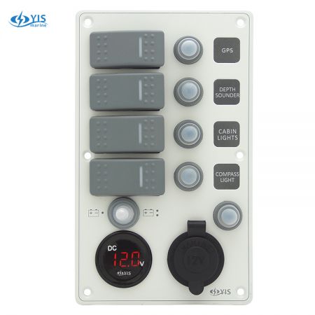 Aluminum Switch Panel with Battery Gauge & Cig. Lighter Socket - SP3264P-Water-resistant Switch Panel with Battery Gauge Socket and Cig. Lighter (White)