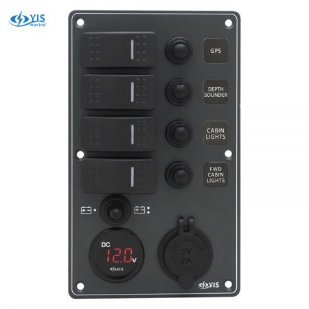 Aluminum Switch Panel with Battery Gauge & USB Charger Socket - SP3274P-Water-resistant Switch Panel with Battery Gauge Socket and USB Charger (Dark Gray)