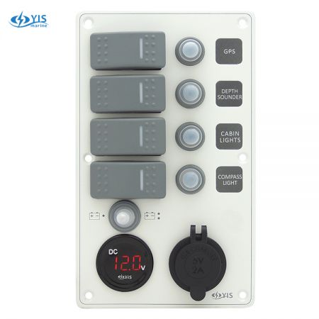 Aluminum Switch Panel with Battery Gauge & USB Charger Socket - SP3284P-Water-resistant Switch Panel with Battery Gauge Socket and USB Charger (White)