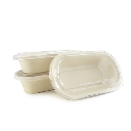 Envase Bagazo y Tapa Transparente (800ml)-Caja de comida de bagazo ovalada+tapa transparente, fiambrera desechable de caña de azúcar+tapa transparente | Hecho en Taiwán Fabricante de tenedores y cucharas compostables | Tair