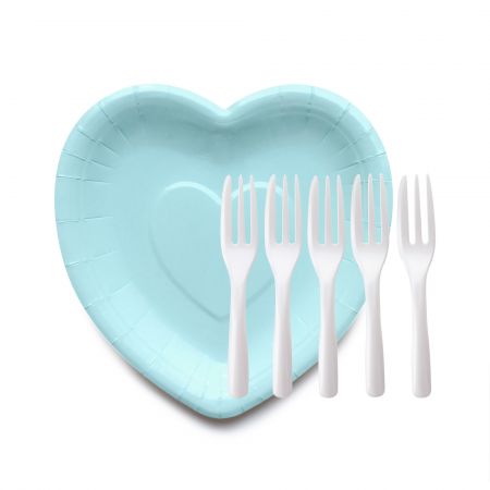 Pratos de bolo de papel em forma de coração BabyBlue com garfos de bolo - Pratos exclusivos em forma de coração e garfo de bolo