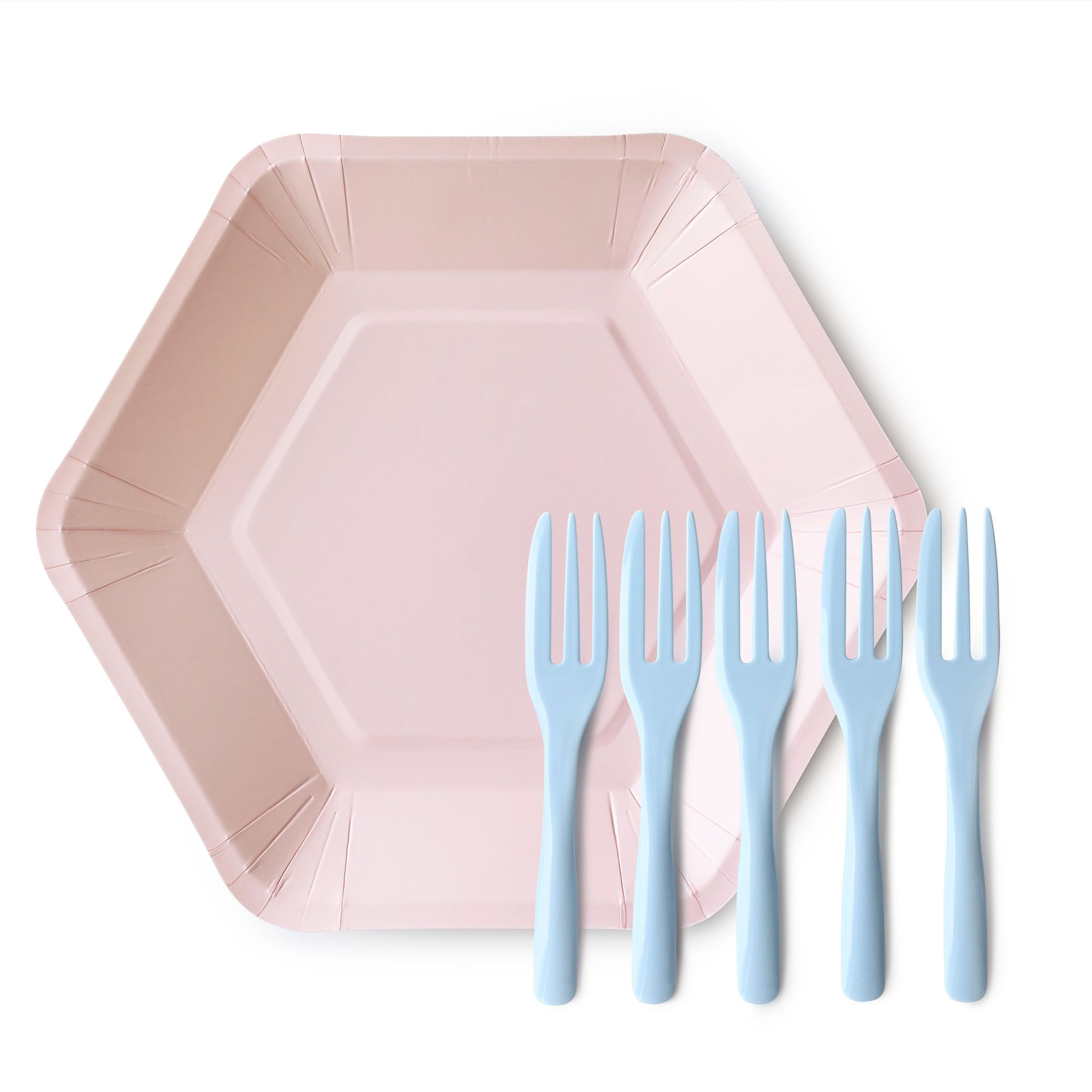 Plato hexagonal rosa empolvado y tenedor azul-Plato y tenedor de fiesta de  plato poligonal | Hecho en Taiwán Fabricante de tenedores y cucharas  compostables | Tair Chu