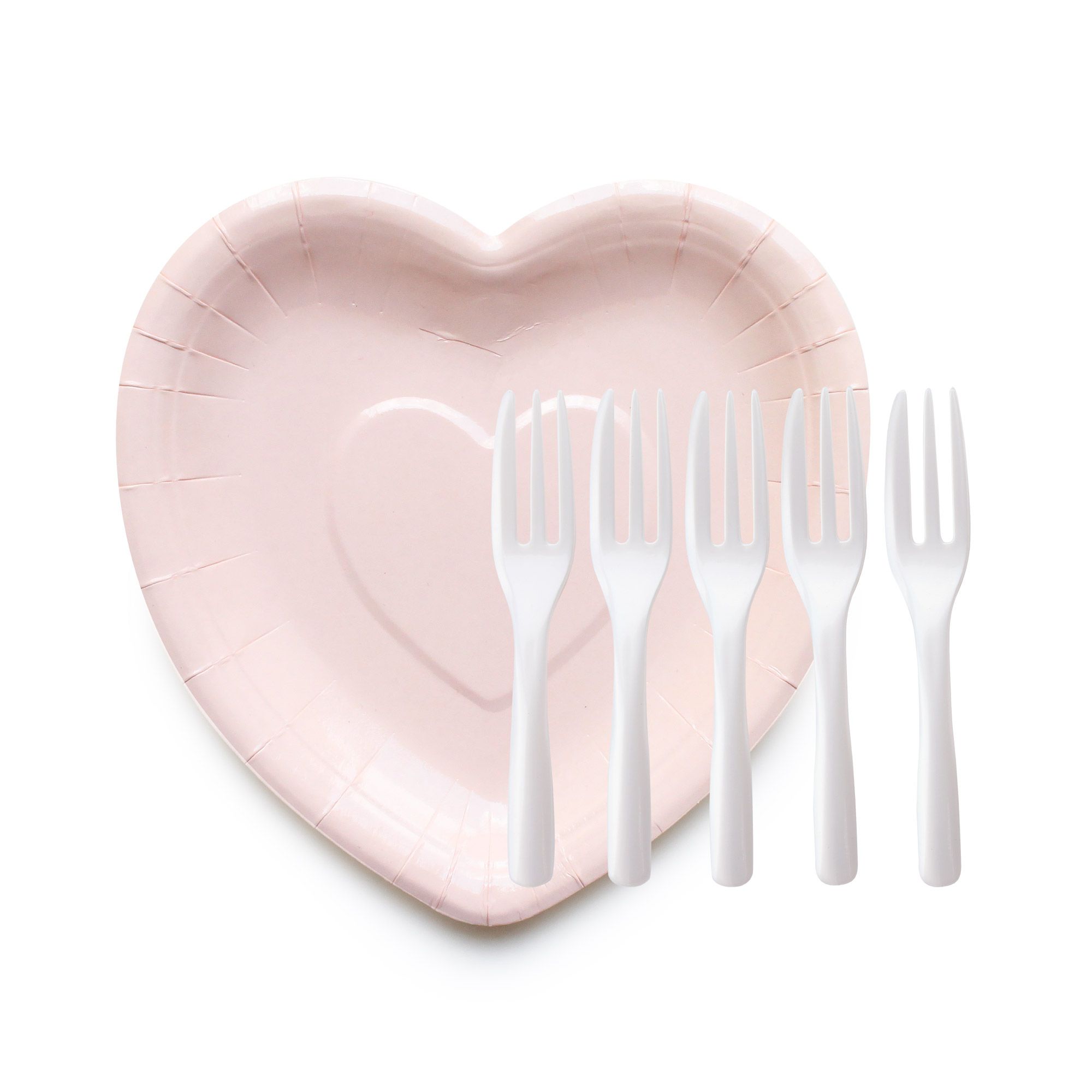 BabyPink Heart Shaped Paper Cake Plates with Cake Forks Supply. ISO