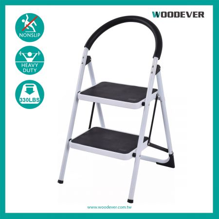 2 階鐵製梯凳圓形扶手家用梯(荷重150 公斤) - 梯子使用PP塑料防滑踏板更安全。