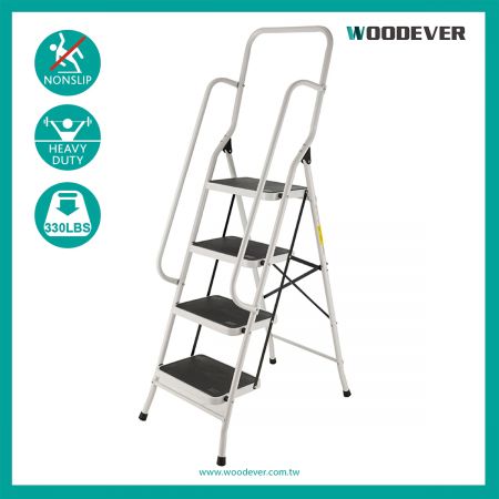 4-Steps Multi-Use High Handrail Folding Step Ladder(Loading 150 kg) - The ladder with a high handrail uses Q195 steel.