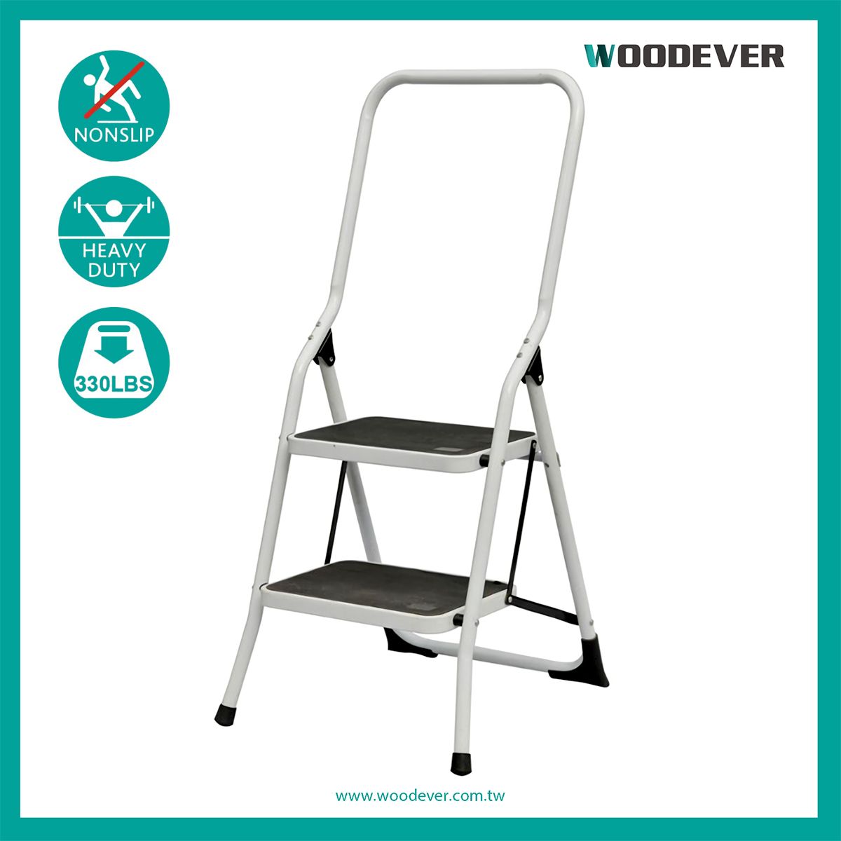2Step Ladder Folding Stool With High Handrail 150 kg (330 lbs) steel