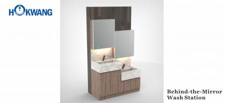 Stație de spălare automată a dulapului cu oglindă - uscător de mâini în spatele oglinzii, dozator de săpun, robinet - Stație de spălat dulap cu oglindă