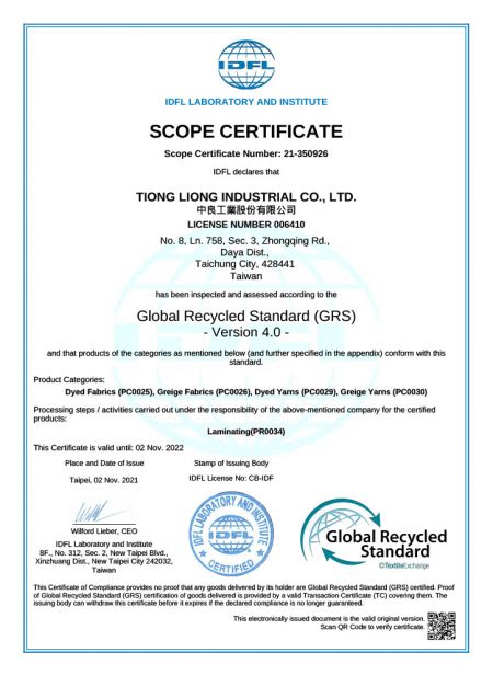 Global Recycled Standard (GRS) 4.0 Certificate