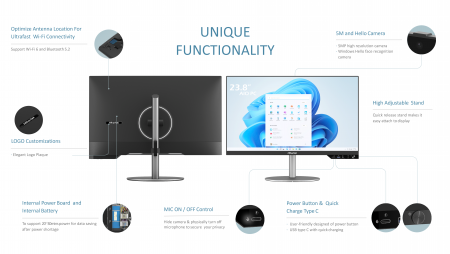 Desktop preto com IO frontal, câmera retrátil, cobertura de cabos e recursos de design de liberação fácil