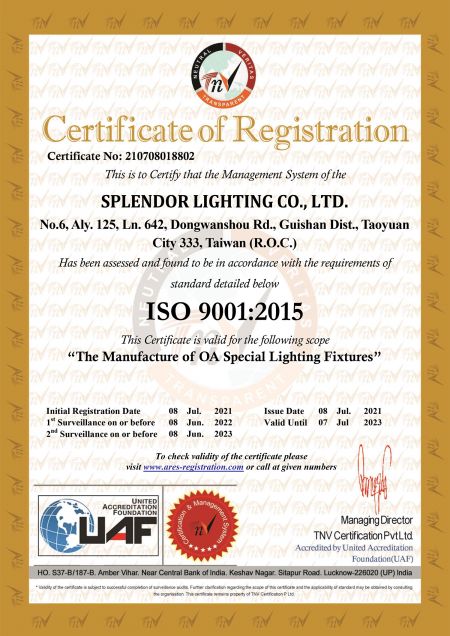 Splendor Lighting ISO9001:2015 fabricante de luminárias OA
