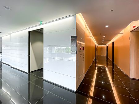 Recessed indirect LED ceiling lighting for hallway corridors and waiting area.