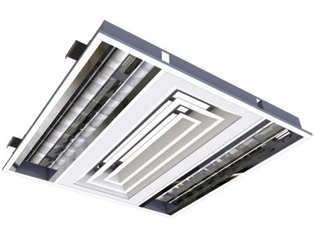 Recessed LED office ceiling lighting with air slots for air return - Recessed low glare illumination LED office ceiling lighting with air slots.