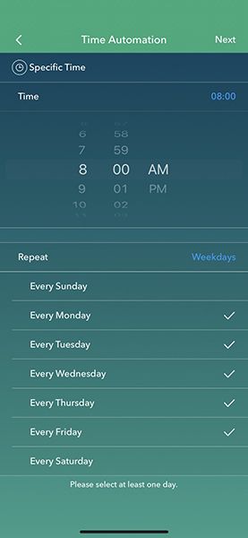 Configurações do aplicativo inteligente: Automação de tempo
