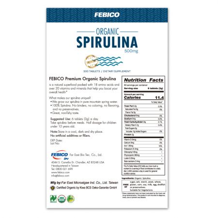 Organische Spirulina500 tabletten Voedingsfeiten