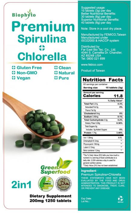 Premium Spirulina Chlorella tablets nutrition facts