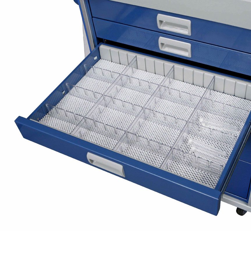 Drawer divider system for medical cart and trolley.
