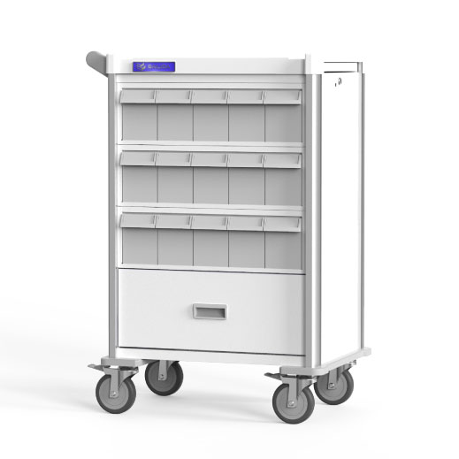 Medical cart for medication transport and distribution.