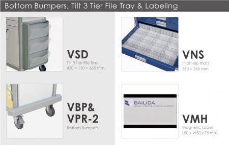 Bottom Bumpers, Tilt 3 Tier File Tray & Labeling.