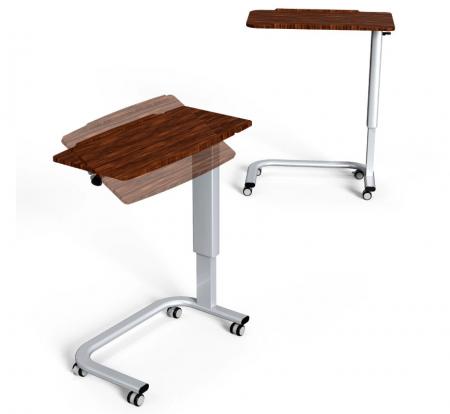 Tilt-Top Wooden Texture Overbed Table on Castors - Medical overbed table on castors with tilt-top design.