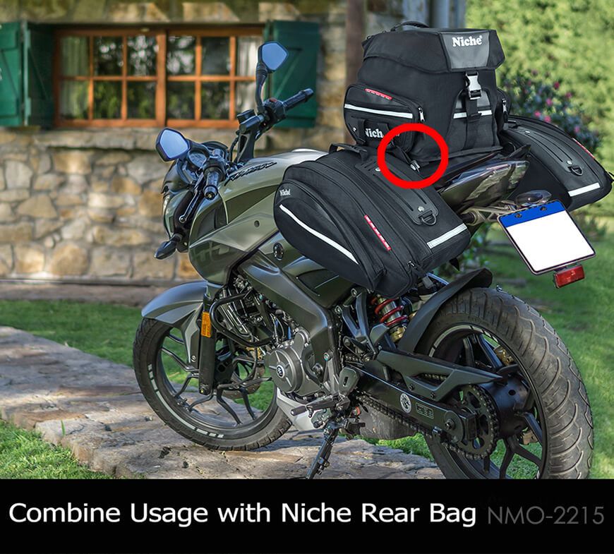 Motorcycle Saddlebag connects with Helmet Bag