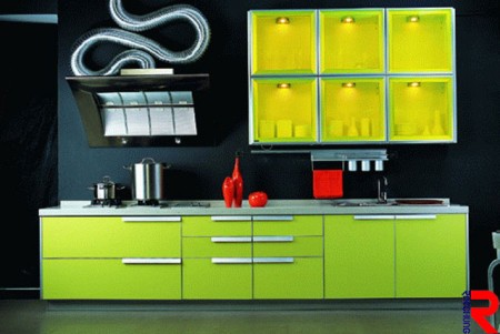 Kitchen cabinet made of fluorescent green acrylic sheet - The fluorescent green acrylic for kitchen cabinet design brings the vitality for the kitchen.