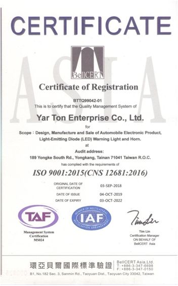 Premi di Yarton - . Certificato di registrazione ISO 9001:2015