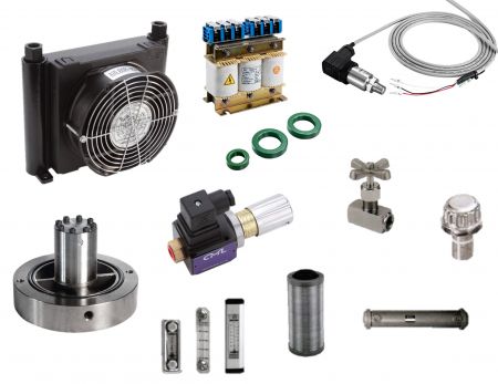 Accessories - CML Air cooled Radiator, pre-filled valve, filter, air filter, motor, pressure switch, Servo systems, hydraulic valve and other hydraulic parts.