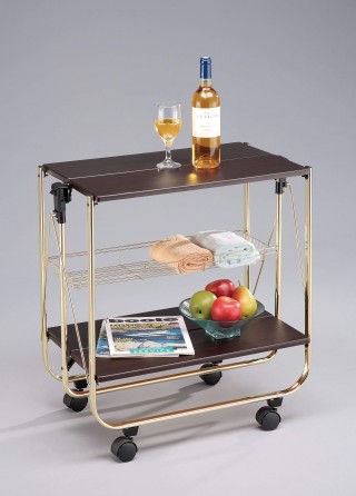 Foldable Wood Serving Trolley Cart - SA016M. Folding Trolley MDF SA016M walnut color (optional brass or gold plating)