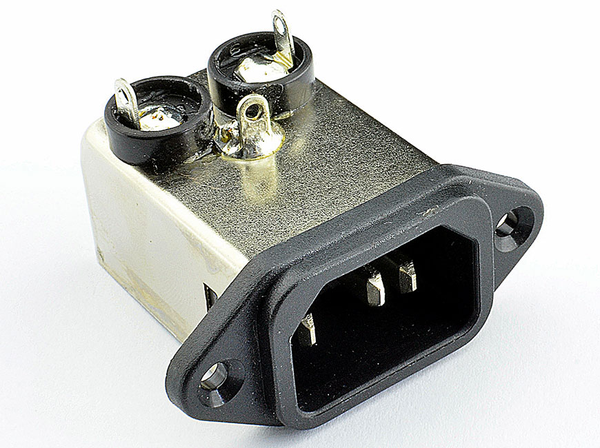 Solder lug terminal and flange mounting YA-P integrates an IEC inlet type C14 and filter with noise suppression in a small and compact form factor.