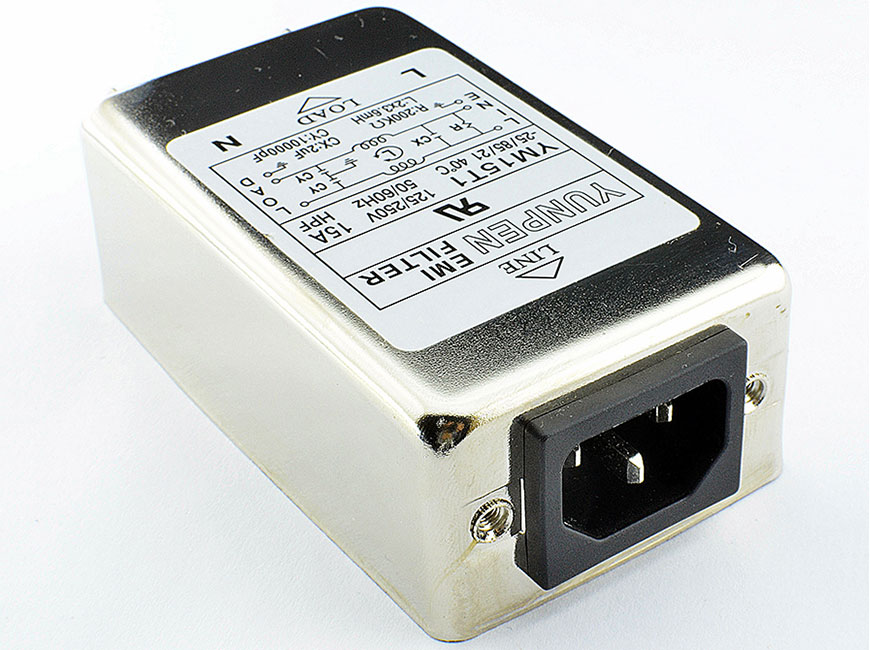 Fast-on connection YM-T1 integrates an IEC inlet (type C14 for 15 amp or type c20 for 16 amp) and filter with noise suppression in a box.
