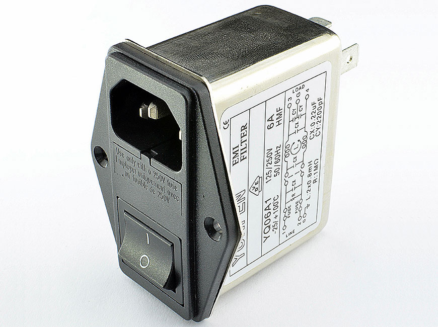 Power entry model filters with an IEC inlet, a mains filter with dual-fuse holder and a 2-pole rocker switch.