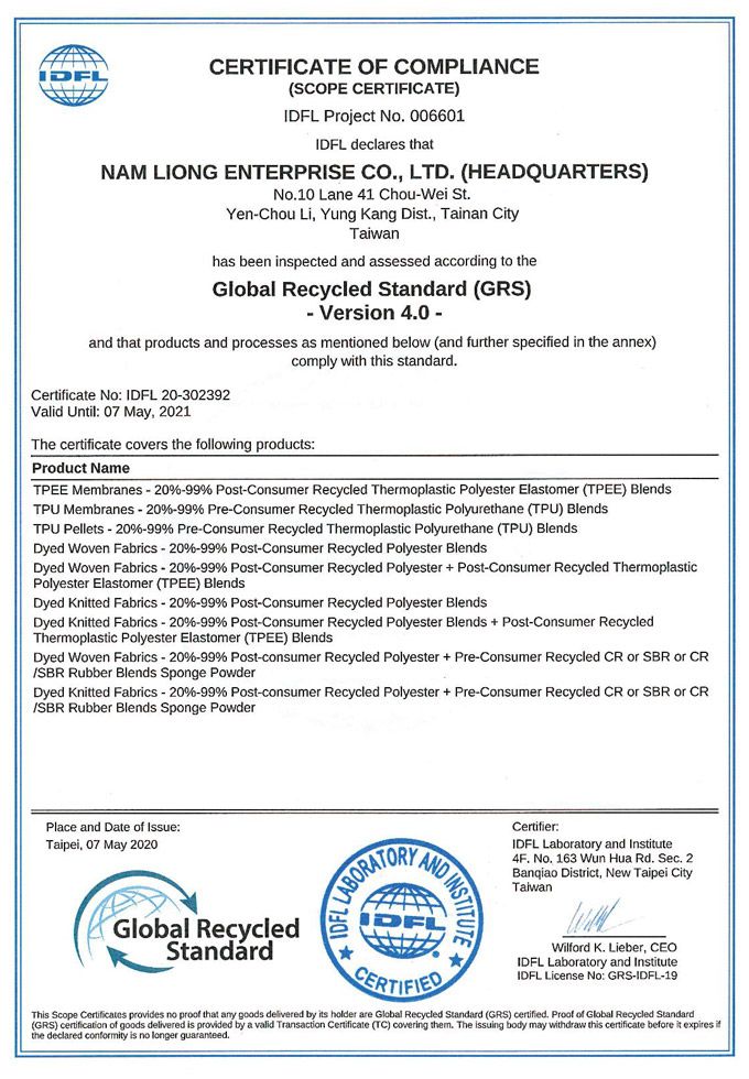 Nam Liong GRS Certificate