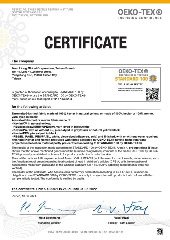 Certificat OEKO-TEX pour textile technique