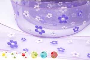 Puff Flowers Wired Sheer Ribbon - Puff Flowers Wired Sheer