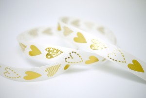 Gold Embossed Hearts Print Satin Ribbon