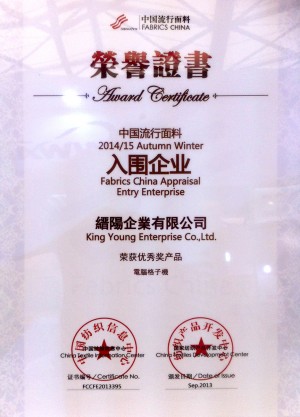 榮耀證書-中國流行面料-電腦格子機-榮獲優秀獎