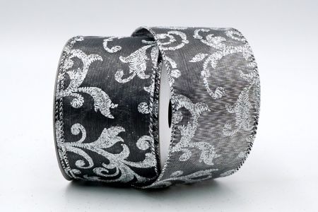 Grey Metallic Satin Silver Floral Pattern Ribbon_KF7119G-50