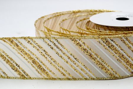 Ivory Satin Gold Glitter and white Stripes Ribbon_KF7137G-2