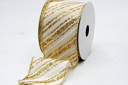 Ivory Satin Gold Glitter and white Stripes Ribbon_KF7137G-2