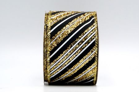 Black Satin Gold Glitter White Stripes Ribbon_KF7137G-53G