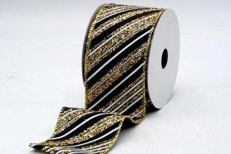 Black Satin Gold Glitter White Stripes Ribbon_KF7137G-53G