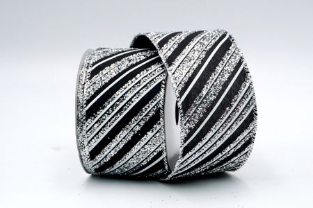 Black Satin Silver Glitter White Stripes Ribbon_KF7137G-53S