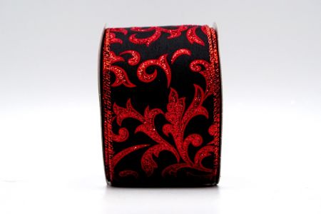 Black Satin Red Glitter Floral Pattern Ribbon_KF7138GR-53R