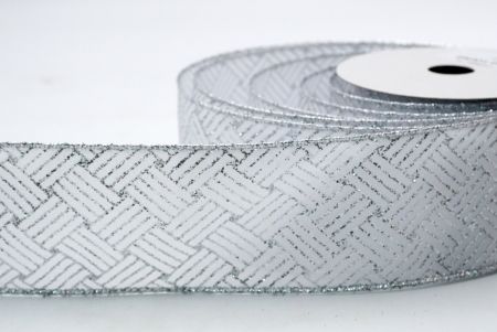 White Satin with Silver Glitter Lines Pattern Ribbon_KF7208G-1