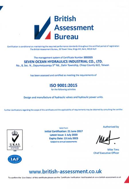 Seven Ocean Hydraulics otrzymał niedawno zaktualizowany certyfikat ISO. Zaświadcza, że ​​nasz system zarządzania, proces produkcyjny, usługi i dokumentacja spełniają wszystkie wymagania dotyczące standaryzacji ISO i zapewnienia jakości.