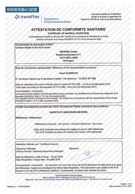 Aireador de grifo certificado por ACS.