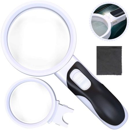 10X/5X Handheld Magnifier with LED Lights and Illuminated 2 Lens Set & Cleaning Cloth - 10X/5X Handheld Magnifier with LED Lights
