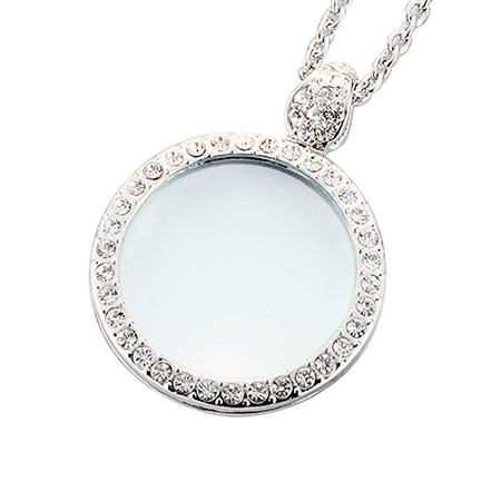 Classic Silver Tone Pendant Necklace Magnifier with Rhinestones - Circle Silver Pendant Magnifier with Rhinestones, Low Vision